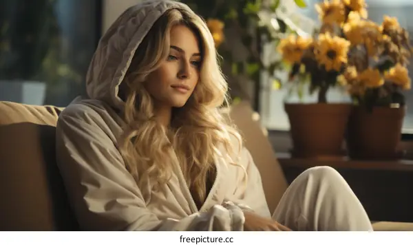 A beautiful blonde woman in a white robe is sitting on a couch in a sunny room.