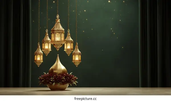 Golden Lanterns Hanging Against a Dark Green Background