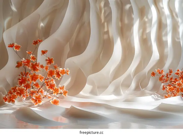 Abstract background with white fabric and orange flowers