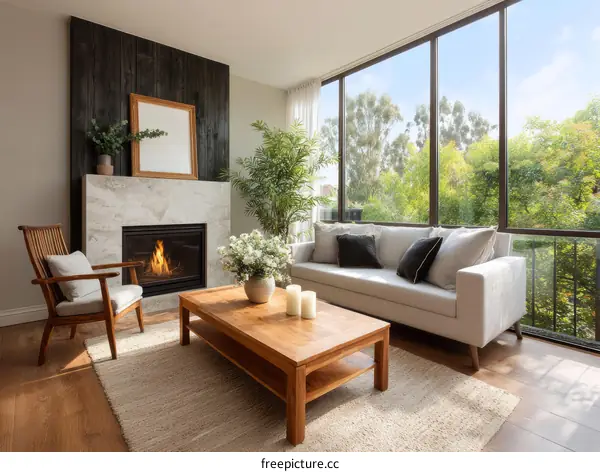 Modern Living Room with Fireplace and Large Windows
