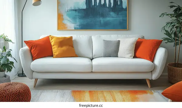Modern Living Room with White Sofa and Colorful Cushions