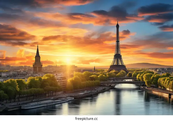 Sunrise over Eiffel Tower with Paris cityscape