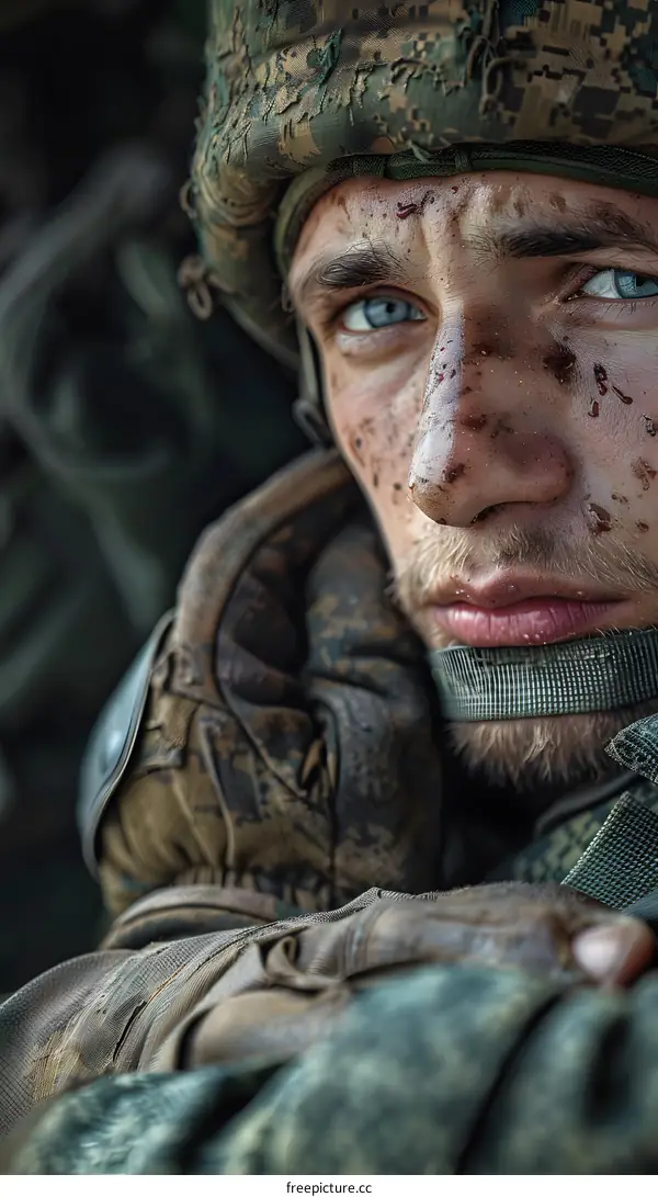 Portrait of a soldier with blue eyes and blood on his face
