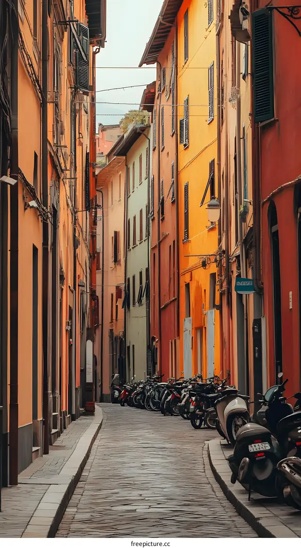 Narrow Street in Italy with Colorful Buildings and Scooters