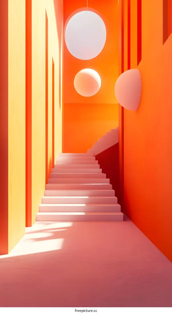 Minimalist Interior Design With Orange Walls And White Stairs