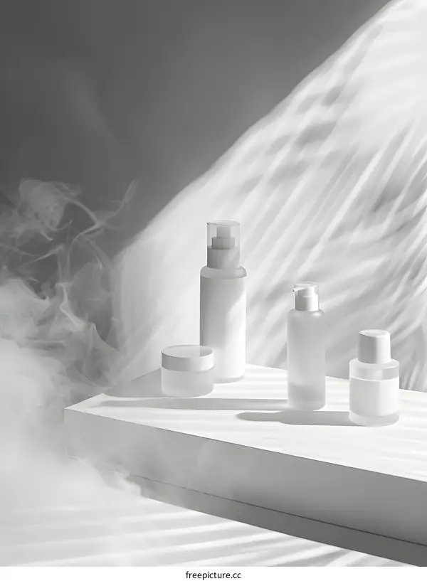 White cosmetic bottles and cream on white background with shadows