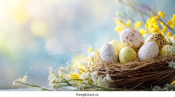 Easter Eggs in a Nest with Spring Flowers