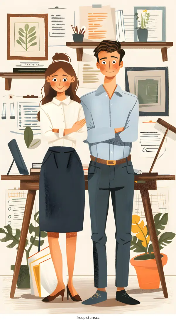 Illustration of two business professionals standing in an office