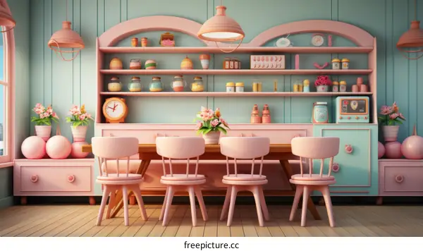 Cute Retro Pink and Blue Kitchen with Dining Table
