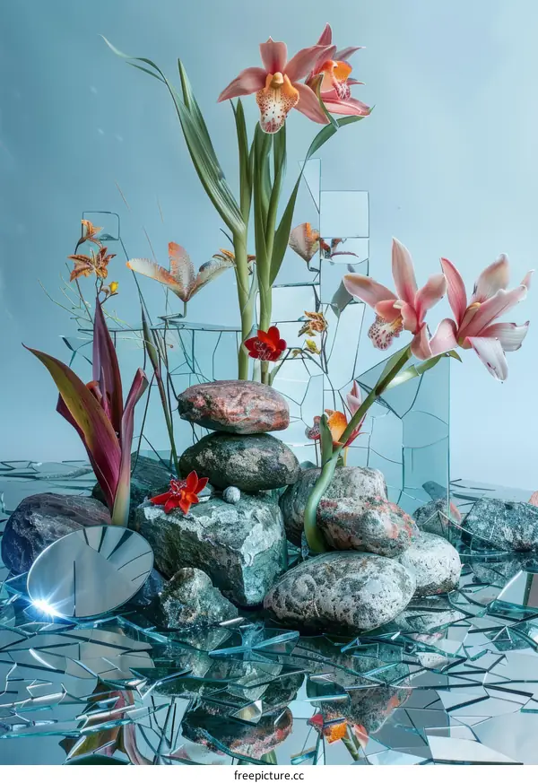 Orchid flowers and rocks on broken glass with blue background