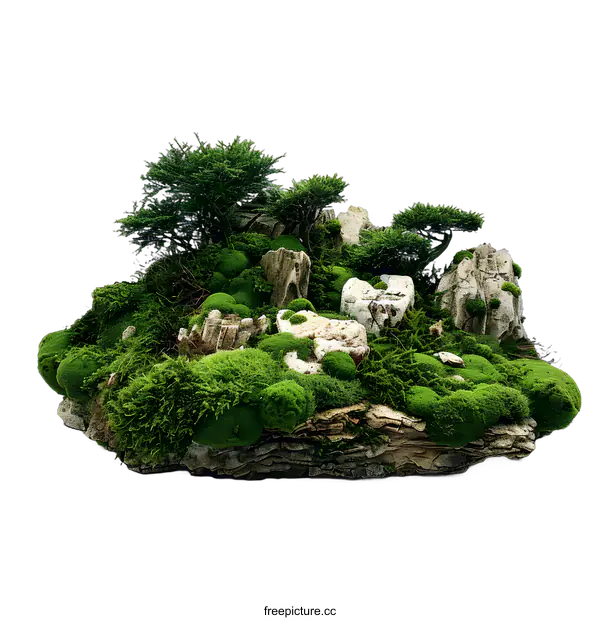 [Transparent Background PNG]Green Moss Landscape with Trees and Rocks