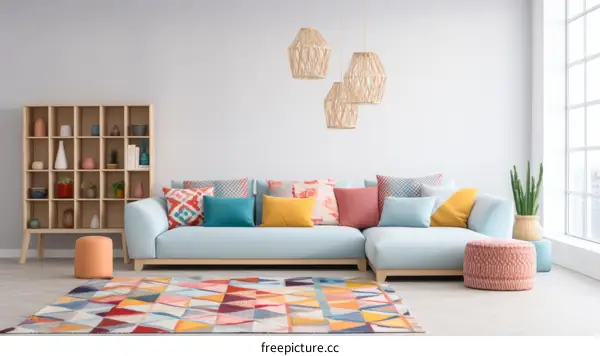Vivid Living Room with Playful Geometric Rug and Blue Couch