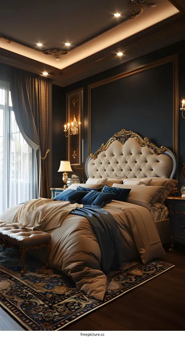 Ornate golden bedframe in a luxurious bedroom