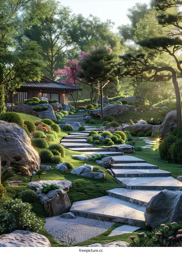 Serene Japanese Garden with Stone Path and Lush Greenery