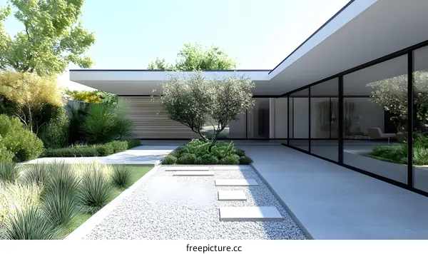 Modern Minimalist House Exterior Design with Patio and Gravel Garden