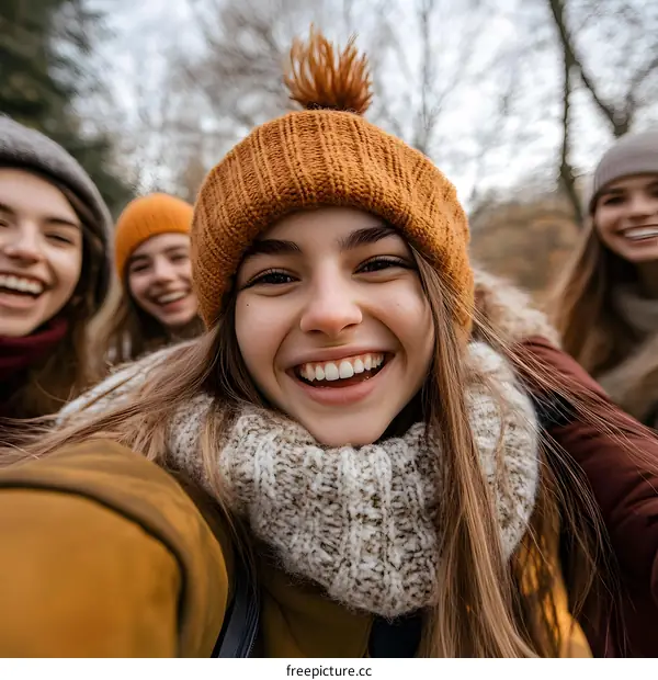 Smiling Friends In The Forest Taking Selfie