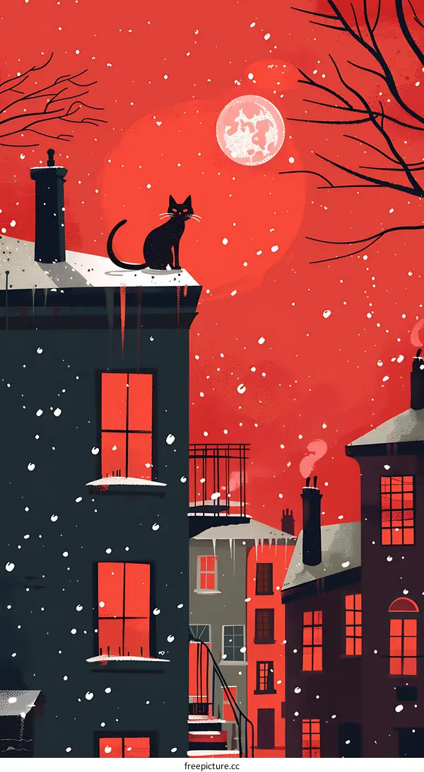 Black Cat on Rooftop in Snowy Cityscape Illustration