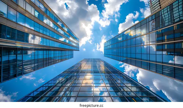 Looking up at a skyscraper made of reflective glass