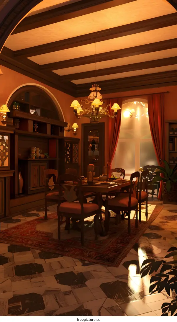 Elegant Dining Room with Wooden Beams and Chandelier