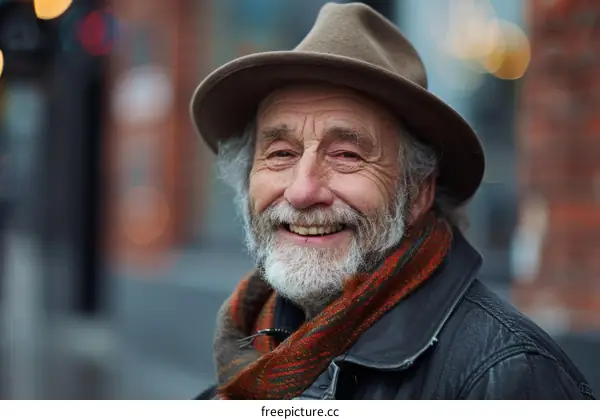 Smiling Senior Man with a Hat and Scarf