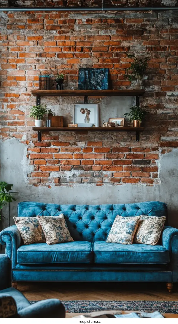 Stylish Blue Sofa Against a Brick Wall Living Room Interior