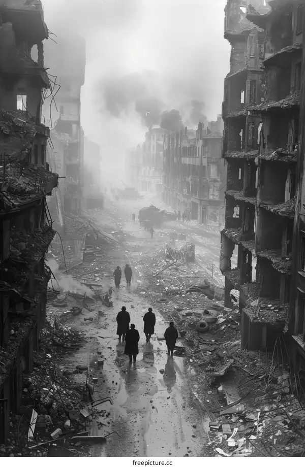 The aftermath of a bombing raid in London during World War II.