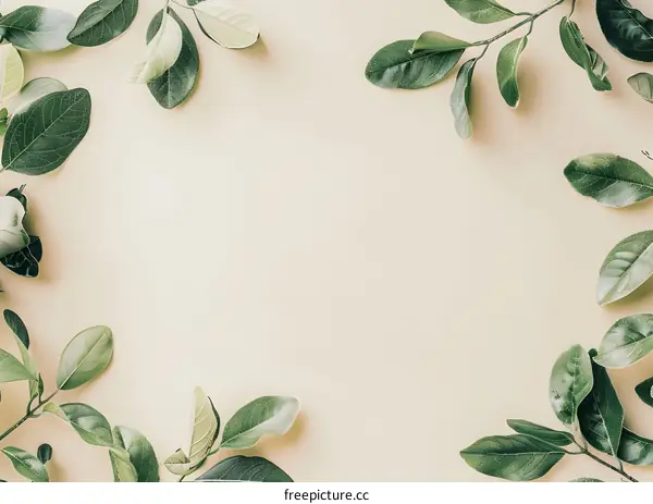 Green Leaves on Beige Background Flat Lay