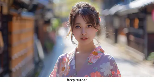 Asian Woman in Traditional Japanese Kimono in a Historic Japanese Town