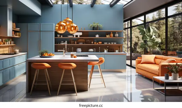 Blue and orange kitchen with large windows