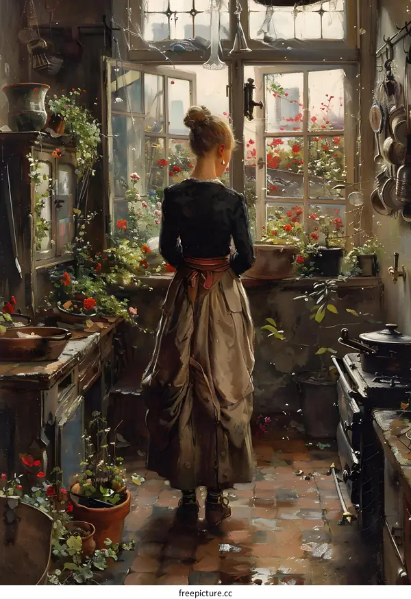 A woman standing in a kitchen looking out the window