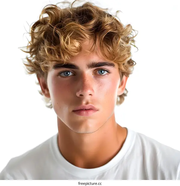 Portrait of a young man with curly blond hair and blue eyes