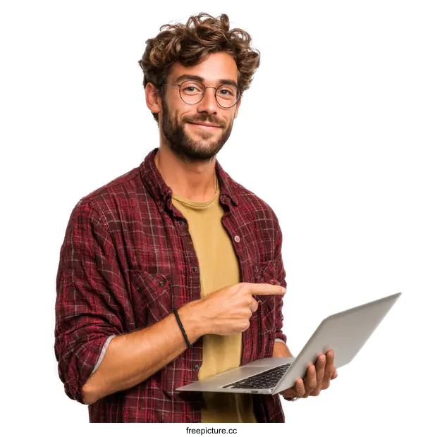 [Transparent Background PNG]Man Showing Laptop with Smiling Face