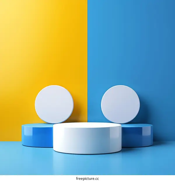 Blue and Yellow Cylindrical Podium with Spotlight