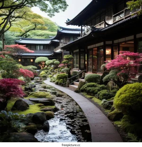 Japanese Garden with Traditional House and Stream