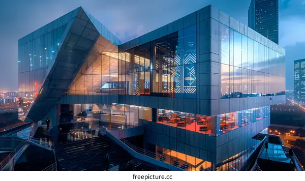 A modern glass and steel office building with a geometric design