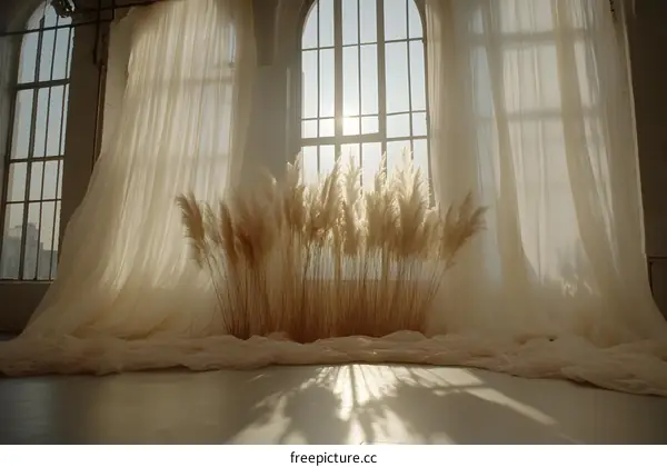 White Curtains with Pampas Grass in a  Loft Apartment