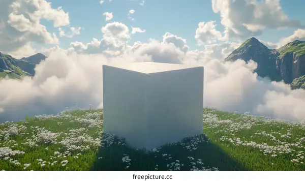 White Cube on a Mountain Meadow with Clouds