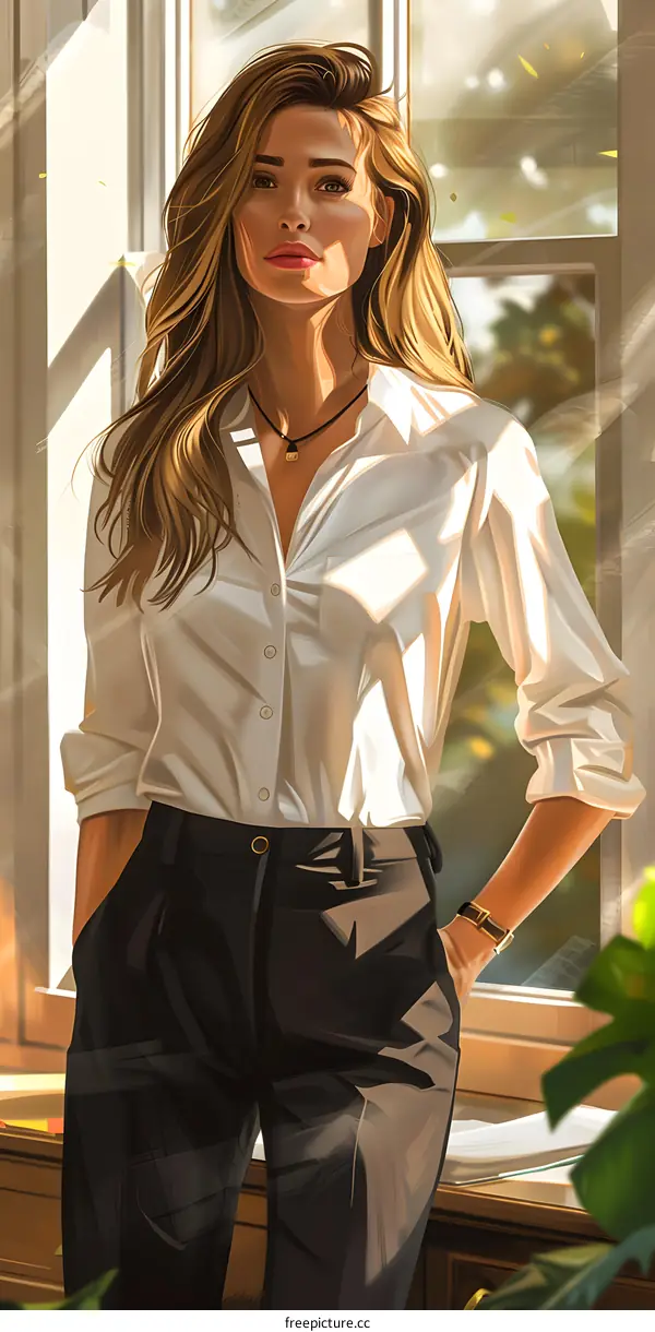 businesswoman standing by the window