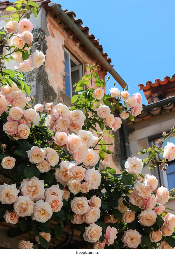 A beautiful climbing rose bush with peach colored flowers growing on a stone wall.