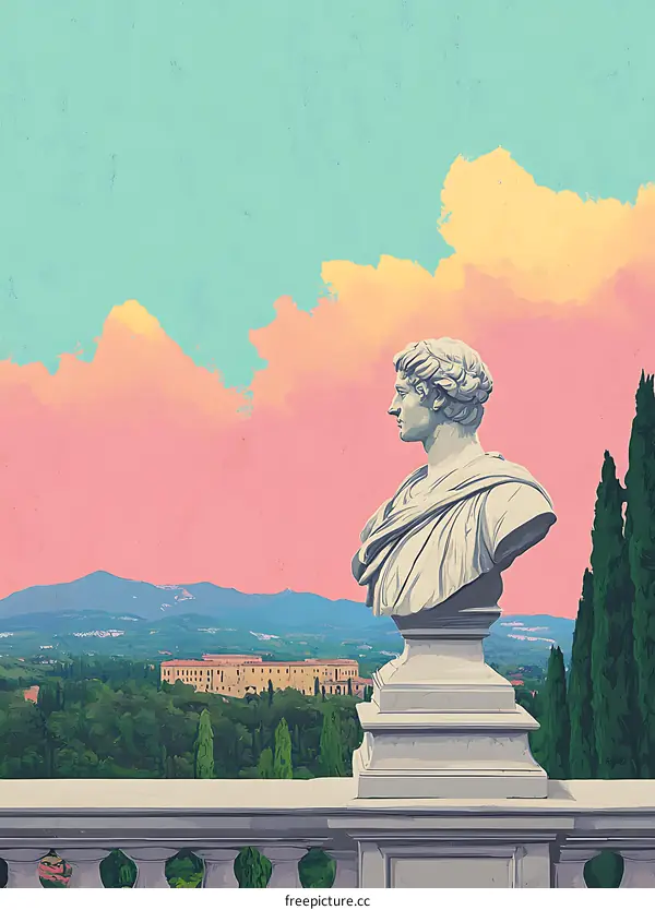 Stone Bust Facing the Italian Landscape