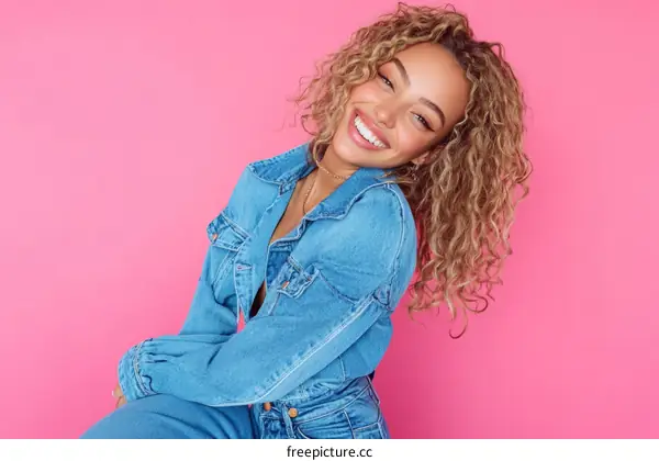Stylish Woman in Denim Jacket against Pink Background