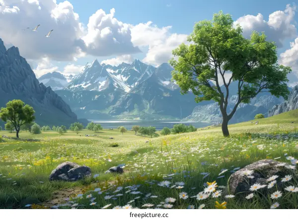 Serene Mountain Landscape with Flowers and Lush Greenery