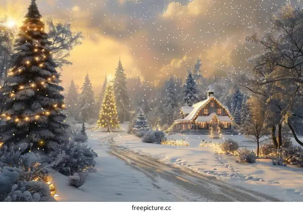 Christmas Cabin in Snowy Winter Night
