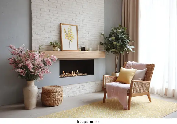 Cozy Modern Living Room with Fireplace and Wicker Chair