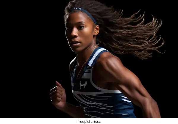 Black female athlete with long dreadlocks running in a track and field event