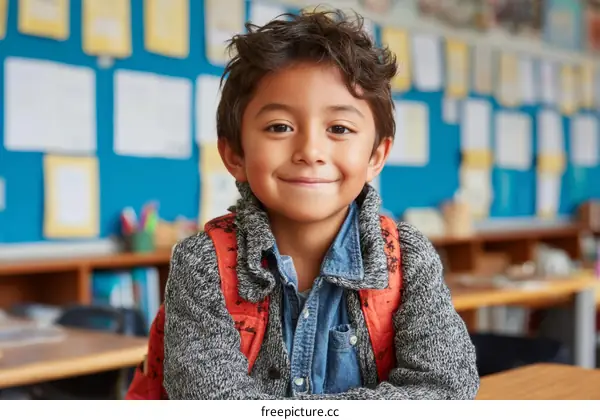 Happy School Boy Portrait in Classroom