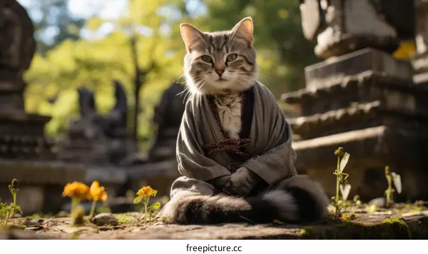 A cat wearing a kimono is sitting in a Zen garden