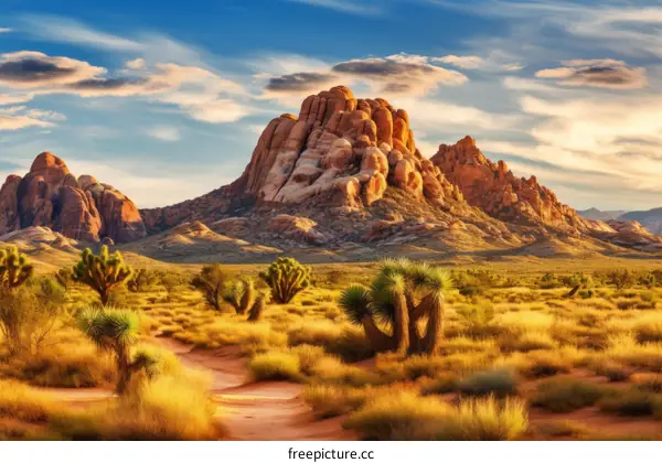 Arid desert landscape with large rock formations under a blue sky