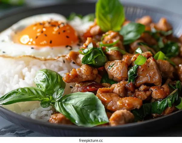 Pad Kra Pao with Fried Egg and Jasmine Rice: Thai Basil Pork Stir-Fry