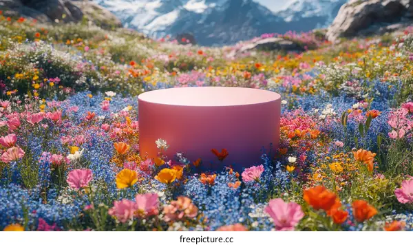 Colorful Flower Field with Pink Cylinder Display